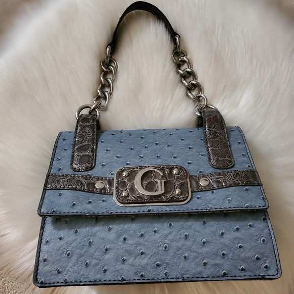 GUESS Purse Handbag Blue Gray Chain handle Faux Croc Logo Small Like New Logo G - Picture 2 of 11
